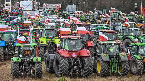 FILE PHOTO: Polish farmers protest over price pressures, taxes and green regulation, grievances shared by farmers across Europe and against the import of agricultural produce and food products from Ukraine, as they gather with tractors near Sulechow, Poland, February 20, 2024. 
