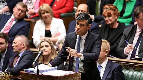 British Prime Minister Rishi Sunak speaks during Prime Minister's Questions at the House of Commons in London, Britain, March 13, 2024. 