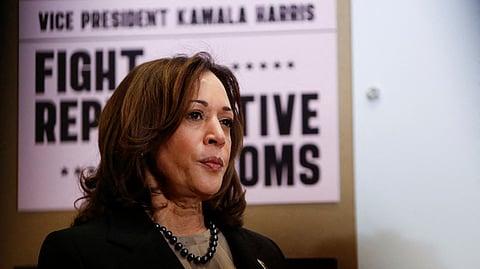 U.S. Vice President Kamala Harris looks on as she visits the St. Paul Health Center, a clinic that performs abortions, in St. Paul, Minnesota, U.S., March 14, 2024. 
