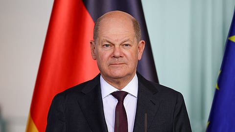 German Chancellor Olaf Scholz attends a press conference with Latvian Prime Minister Evika Silina, in Berlin, Germany, March 27, 2024. 
