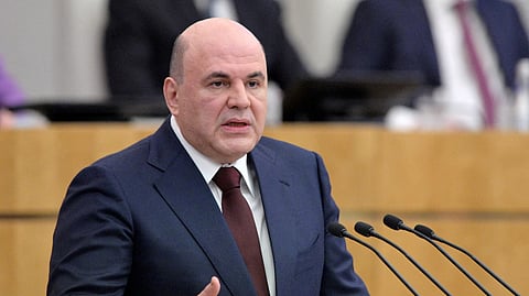 FILE PHOTO: Russian Prime Minister Mikhail Mishustin delivers a speech during a session of the State Duma, the lower house of parliament, in Moscow, Russia, April 3, 2024. 