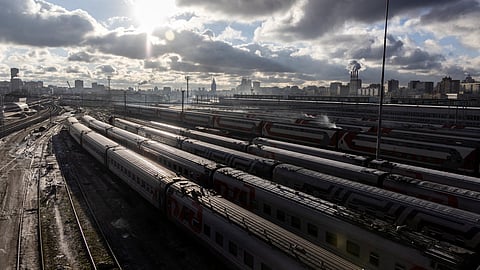FILE PHOTO: A view shows train carriages of the Russian Railways on a frosty day in Moscow, Russia November 17, 2023. 