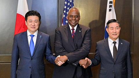 Japanese Defense Minister Minoru Kihara, U.S. Defense Secretary Lloyd Austin and South Korean Defence Minister Shin Won-sik attend a trilateral meeting on sidelines of the Shangri-la Dialogue in Singapore, June 2, 2024. 