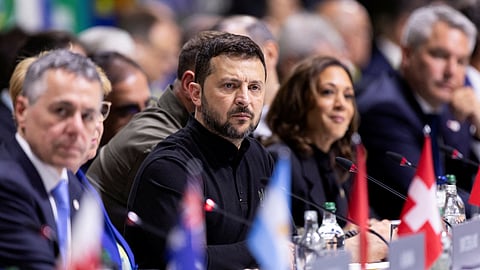 U.S. Vice President Kamala Harris, Ukrainian President Volodymyr Zelenskyy, Swiss Federal Councillor Ignazio Cassis and Chancellor of Austria Karl Nehammer during the opening plenary session, during the Summit on peace in Ukraine, in Stansstad near Lucerne, Switzerland, Saturday, June 15, 2024. Heads of state from around the world gather on the Buergenstock Resort in central Switzerland for the Summit on Peace in Ukraine, on June 15 and 16. 
