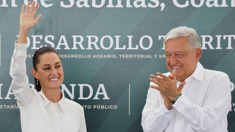 Mexican President Andres Manuel Lopez Obrador and President-elect Claudia Sheinbaum attend an event with relatives of the more than 60 miners who lost their lives in the Pasta de Conchos coal mine tragedy in February 2006, in Nueva Rosita, Mexico June 14, 2024. 
