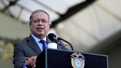 FILE PHOTO: Colombia's President Gustavo Petro speaks during the appointment ceremony of the new commander of the Colombian national army, Major General Luis Emilio Cardozo (not pictured), at the Jose Maria Cordova Military Cadet School in Bogota, Colombia May 31, 2024. 