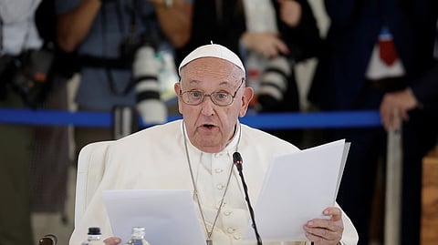 Pope Francis attends a session on Artificial Intelligence (AI), Energy, Africa and Mediterranean on the second day of the G7 summit in Borgo Egnazia, Italy, June 14, 2024. 