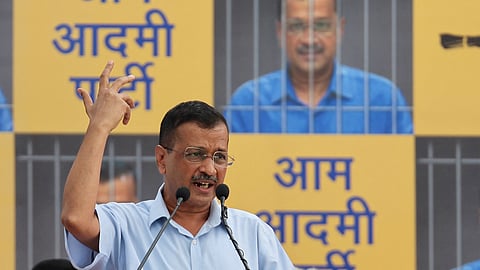Delhi Chief Minister Arvind Kejriwal addresses supporters and members of the Aam Aadmi Party (AAP) at the party's headquarters before he leaves to surrender himself to jail authorities, after interim bail granted by the Supreme Court in a liquor policy case came to an end, in New Delhi, India, June 2, 2024. 