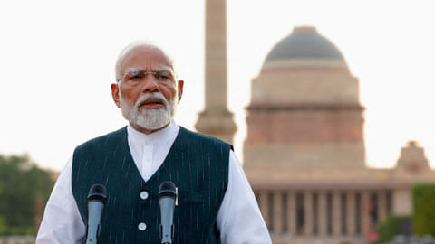 FILE PHOTO: Indian Prime Minister Narendra Modi addresses the media after his meeting with President Droupadi Murmu, to stake claim to form the new government at the Presidential Palace in New Delhi, India, June 7, 2024. 