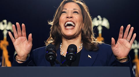 U.S. Vice President Kamala Harris delivers remarks during a campaign event, at West Allis Central High School, in West Allis, Wisconsin, U.S., July 23, 2024. 

