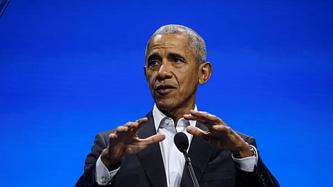 Former U.S. President Barack Obama speaks during the Obama Foundation "Democracy Forum" in New York City, U.S., November 17, 2022. 