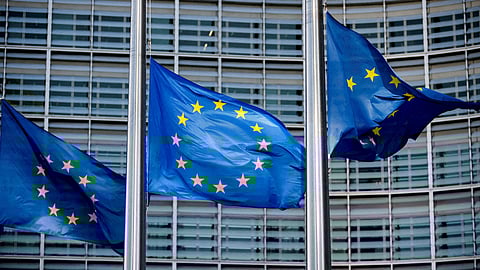 FILE PHOTO: European Union flags fly outside the European Commission headquarters in Brussels, Belgium, March 1, 2023.