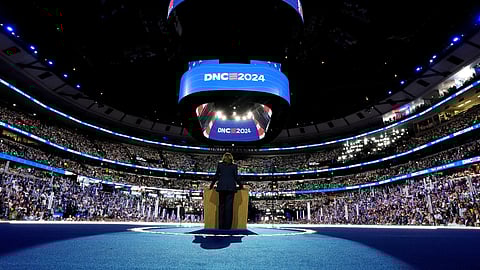 U.S. Vice President Kamala Harris accepts the Democratic Party's nomination for president at the United Center on the fourth day of the Democratic National Convention in Chicago, Illinois, U.S., on Thursday, August 22, 2024. 
