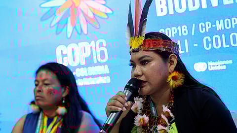 Jhajayra Machoa Mendua, leader of the A'I Cofan nationality, speaks during a press conference at the 16th United Nations Biodiversity Summit (COP16), in Yumbo, Colombia October 31, 2024. 