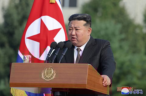 FILE PHOTO: North Korean leader Kim Jong Un speaks during a visit to the National Defense University in Pyongyang, North Korea, October 7, 2024, in this photo released by North Korea's official Korean Central News Agency. 