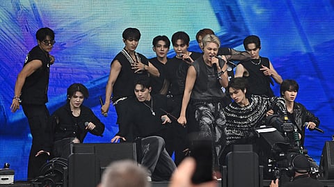 FILE PHOTO: Seventeen perform on the Pyramid Stage during the Glastonbury Festival at Worthy Farm, in Pilton near Glastonbury, Somerset, Britain, June 28, 2024. 