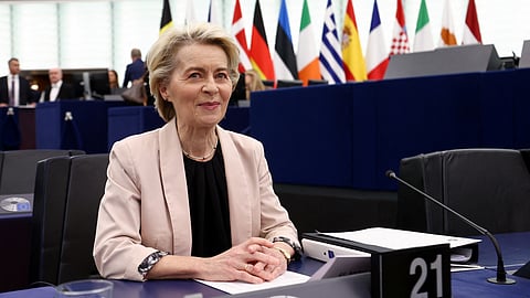European Commission President Ursula von der Leyen sits on the day of a plenary session of the European Parliament, before a vote to approve the new European Commission, in Strasbourg, France November 27, 2024. 