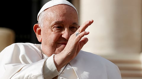 Pope Francis gestures on the day of the weekly general audience in St. Peter's Square, at the Vatican November 27, 2024. 