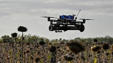FILE PHOTO: An FPV drone with an attached portable grenade launcher is seen during a test flight conducted by Ukrainian servicemen of the 'Bulava' Unmanned Aerial Vehicles Unit of the Separate Presidential Brigade at their position near a frontline, amid Russia's attack on Ukraine, in Zaporizhzhia region, Ukraine October 11, 2024. 