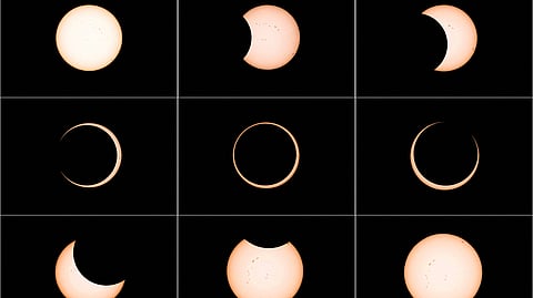 FILE PHOTO: A combination picture shows an annular solar eclipse observed from Tahai archaeological monument area in the Rapa Nui national park managed by the Mau Henua native community at Easter Island, Chile October 2, 2024. 
