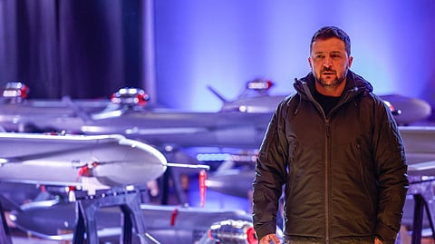 Ukraine's President Volodymyr Zelenskiy visits an exhibition of new Ukrainian-made drone-missiles Peklo dedicated to the Day of Ukrainian Armed Forces, amid Russia's attack on Ukraine, in Kyiv, Ukraine December 6, 2024. 
