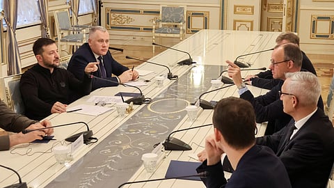 Ukraine's President Volodymyr Zelenskiy and German opposition leader Friedrich Merz of the Christian Democratic Union party (CDU) meet, amid Russia's attack on Ukraine, in Kyiv, Ukraine December 9, 2024.