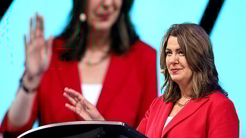 FILE PHOTO: Alberta's Premier Danielle Smith makes a keynote speech at the LNG 2023 energy conference in Vancouver, British Columbia, Canada July 13, 2023. 