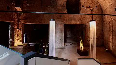 People stand near the 'Ninfa con Pantera' statue as a new entrance and the renovated western side of The Domus Aurea, built by Nero in 64 A.D. and later buried by Emperor Trajan, are inaugurated in Rome, Italy, December 13, 2024. 