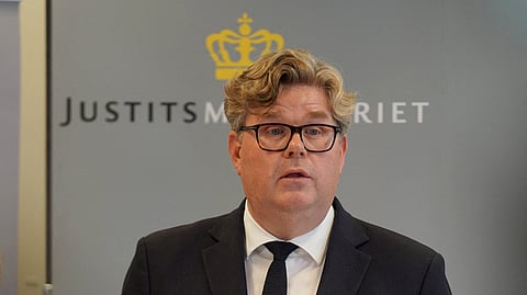 FILE PHOTO: Swedish Justice Minister Gunnar Strommer speaks during a press conference in Copenhagen, Denmark, August 21, 2024. 