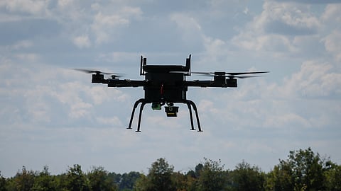 FILE PHOTO: The AI-enabled drone of Swarmer company flies, amid Russia's attack on Ukraine, in Kyiv region, Ukraine June 27, 2024. 