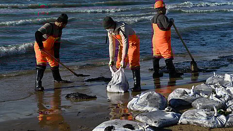 Volunteers work to clean up spilled oil on the shoreline following an incident involving two tankers damaged in a storm in the Kerch Strait, in the village of Vityazevo near the Black Sea resort of Anapa, Russia December 20, 2024. 