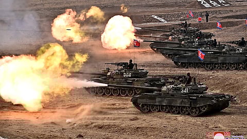 FILE PHOTO: A military demonstration involving tank units and guided by North Korean leader Kim Jong Un (not pictured) is held in North Korea, March 13, 2024 in this picture released on March 14, 2024, by the Korean Central News Agency. 
