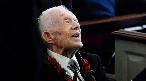 Former U.S. President Jimmy Carter departs after the funeral service for former U.S. first lady Rosalynn Carter at Maranatha Baptist Church, in Plains, Georgia, U.S. November 29, 2023. 