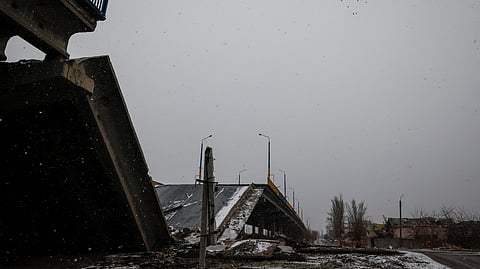 A view shows a destroyed bridge in the town of Pokrovsk, amid Russia's attack on Ukraine, near a front line in Donetsk region, Ukraine December 19, 2024. 