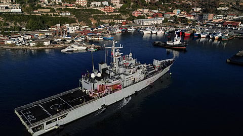 FILE PHOTO: A drone view of Italian navy ship Libra carrying migrants arriving in Albania, as part of a deal with Italy to process thousands of asylum-seekers caught near Italian waters, in Shengjin, Albania, November 8, 2024. 