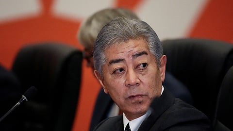 FILE PHOTO: Japanese Foreign Minister Takeshi Iwaya look on during a meeting with U.S. Secretary of State Antony Blinken during the Asia-Pacific Economic Cooperation (APEC) summit, in Lima, Peru November 14, 2024. 