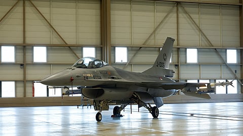 FILE PHOTO: A general view of an F-16, on the day of a visit from Ukrainian President Volodymyr Zelenskiy, in Eindhoven, Netherlands, August 20, 2023. 