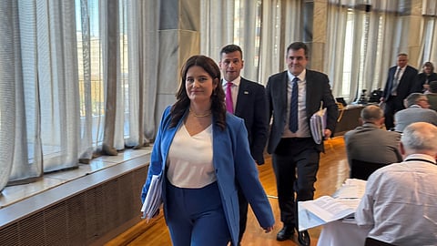New Zealand's Finance Minister Nicola Willis walks on the day she briefs media on the government's budget, at parliament buildings in Wellington, New Zealand, May 30, 2024. 


