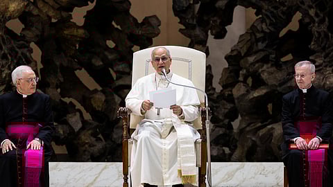 Pope Leo XIV holds an audience with representatives of the media in Paul VI hall at the Vatican, May 12, 2025. 