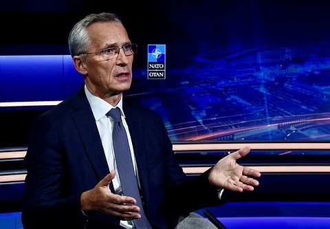 FILE PHOTO: Jens Stoltenberg, the then NATO Secretary General, reacts during an interview with Reuters at the alliance's headquarters in Brussels, Belgium September 30, 2024. 
