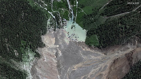 A satellite image shows destroyed houses and blocked Ionza River, after a glacier in the Swiss Alps partially collapsed and tumbled onto the village, in Blatten, Switzerland May 29, 2025.