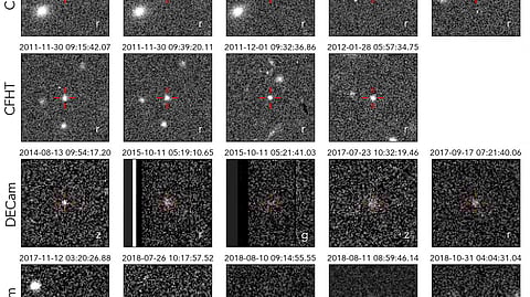 FILE PHOTO: Cutout images of all 19 detections of the newly identified trans-Neptunian object named 2017 OF201 are seen, from the Canada France Hawaii Telescope (CFHT) and the Dark Energy Camera (DECam) on the 4-meter Victor M. Blanco Telescope, released by the Institute for Advanced Study in Princeton, New Jersey, on May 22, 2025.