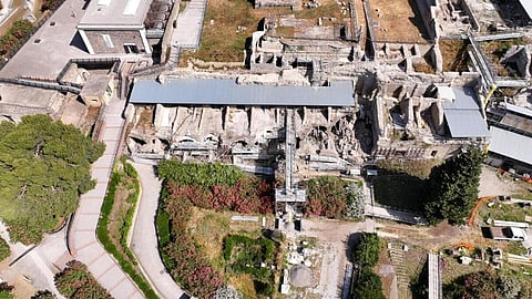 A drone view shows the partial collapse of a wall and a portion of a vault in the insula Meridionalis of the archaeological area of Pompeii, following a seismic swarm in the Campi Flegrei. The structure had already been damaged during a 1980 earthquake, in Pompeii, Italy, June 5, 2025. 