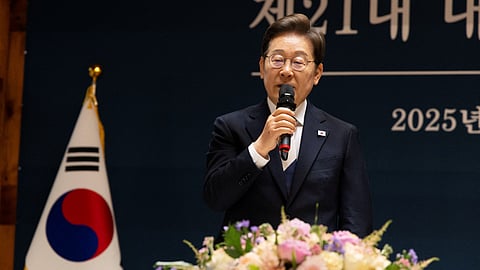 FILE PHOTO: South Korean President Lee Jae-Myung talks during a meeting with party leaders after his oath of inauguration in the National Assembly in Seoul, South Korea, 04 June 2025. 