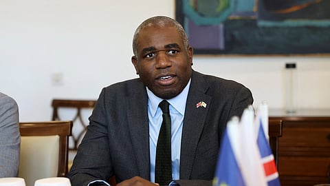 FILE PHOTO: British Foreign Secretary David Lammy talks during a meeting with Cyprus Foreign Minister Constantinos Kombos at the Foreign Ministry in Nicosia, Cyprus, July 4, 2025.