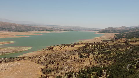 A general view of the drought-stricken Lake Qaraoun, according to The Litani River National Authority, Lebanon's largest reservoir on the Litani River, near Qaraoun village, Lebanon, July 9, 2025. 