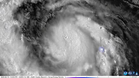 A satallite imagery shows Hurricane Erin, which the U.S. National Hurricane Center says has intensified into a category 2 hurricane, in this screengrab from a handout video from over Atlantic Ocean August 15, 2025. 