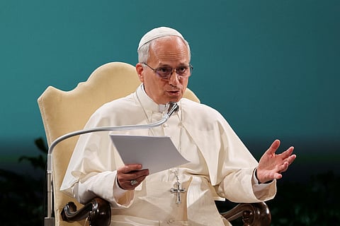FILE PHOTO: Pope Leo speaks during a three-day international conference "Raising Hope for Climate Justice" in Castel Gandolfo, near Rome, Italy, October 1, 2025. 