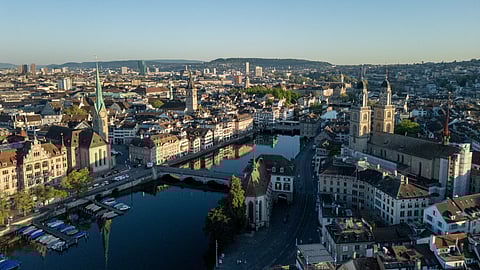 A drone view shows the Limmat river in Zurich, Switzerland May 2, 2025. 