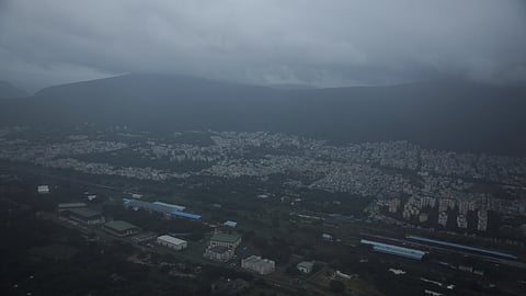 Clouds over the skyline of the city of Visakhapatnam before Cyclone Montha makes landfall near Kakinada district in the state of Andhra Pradesh, India, October 27, 2025. 